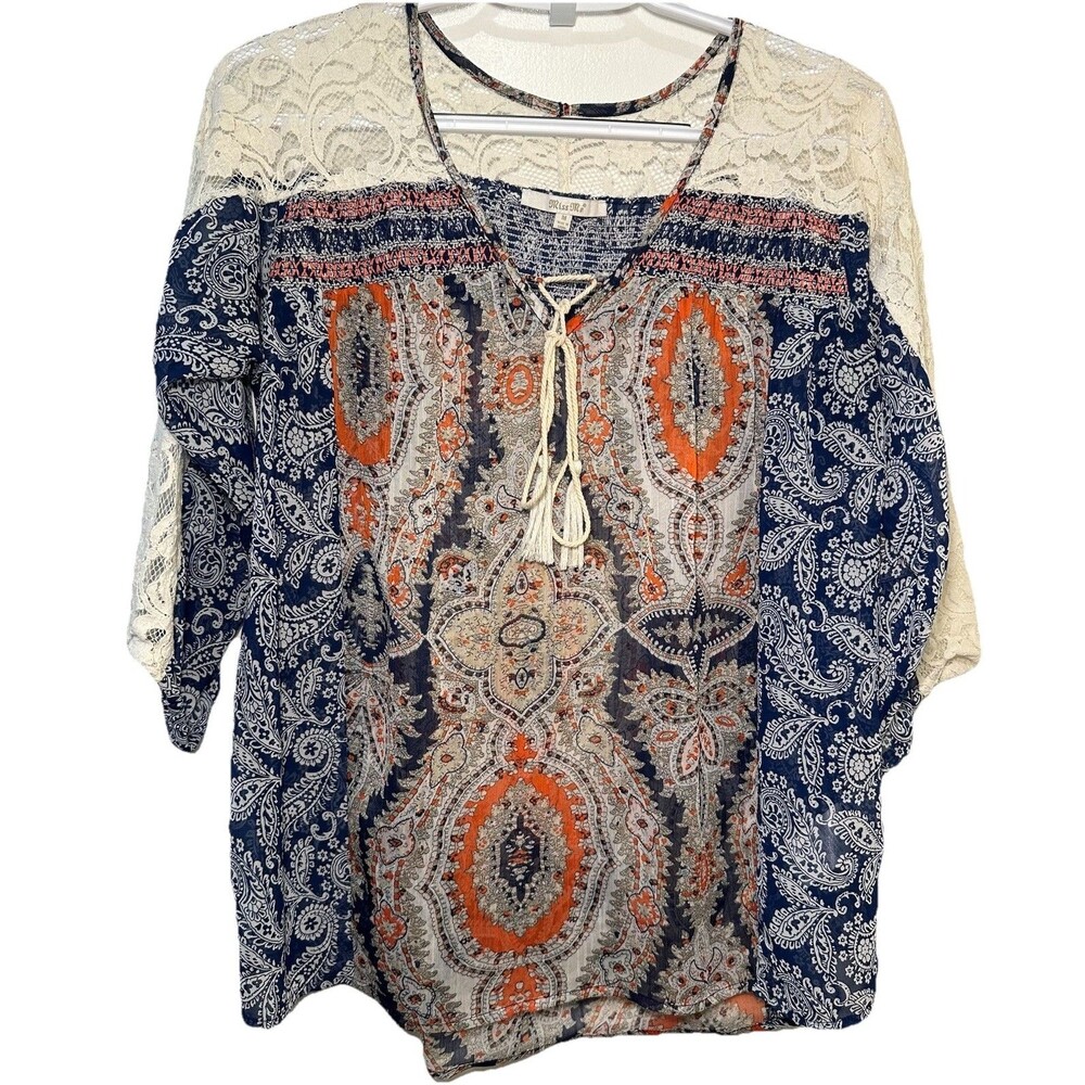Miss Me Boho Paisley Peasant Top Lace Yoke Tassel Tie Blouse Medium